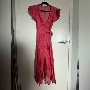 Red and white floral wrap dress, sz medium